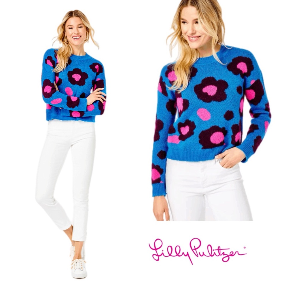NEW Lilly Pulitzer Ferrara Vibrant Floral Sweater in blue flare